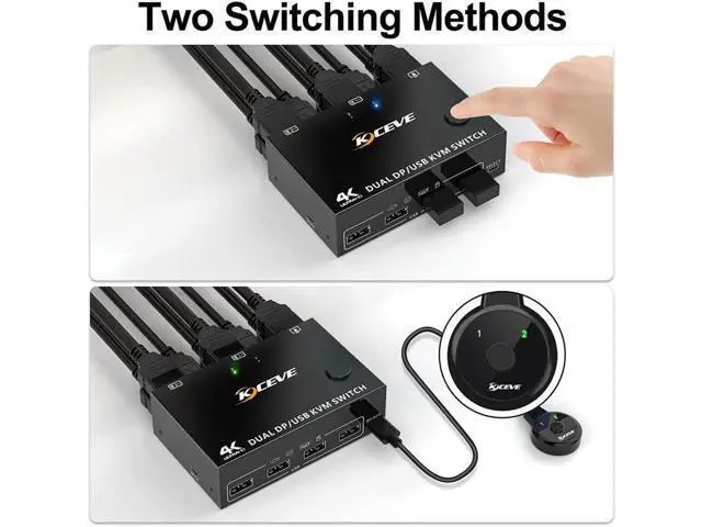 Alt view image 5 of 7 - Monitor Displayport KVM Switch DisplayPort 1.4 8K @30Hz 4K @144Hz, DP Extended Display Port KVM Switch for 2 Computers Share 2 Monitors and 4 USB 2.0 Ports, Wired Remote and 4 Cables Included