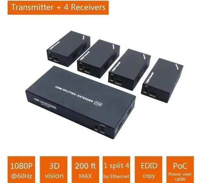 Alt view image 3 of 6 - HDMI-compatible/USB KVM Switch Splitter 1X4 HDMI Extender 60m 1 to 4 over cat5e cat6 RJ45 output Full HD1080p Paystation 4
