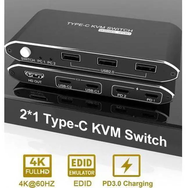 Alt view image 5 of 6 - C KVM Switch 4K 60hz 2 Port Usb 2.0 2x1 to hdmi Kvm Converter Mouse Keyboard Switcher For Computer with type C cables