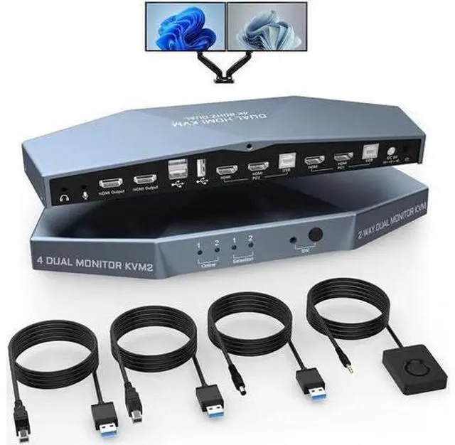 Main image of Monitors HDMI KVM Switch 2 Monitors 2 Computers 2 in 2 Out, 4K @60Hz Extended Display Dual Monitor KVM Switch with Audio Microphone Output and 3 USB 2.0 Ports, PC Screen Keyboard Mouse