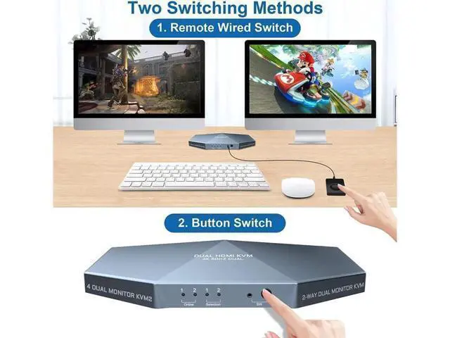 Alt view image 5 of 7 - Monitors HDMI KVM Switch 2 Monitors 2 Computers 2 in 2 Out, 4K @60Hz Extended Display Dual Monitor KVM Switch with Audio Microphone Output and 3 USB 2.0 Ports, PC Screen Keyboard Mouse