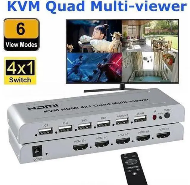 Main image of 1080P KVM HDMI 4X1 Quad Multi Viewer 2 3 4 Screen Splitter HDMI Multiviewer for PS4 Camera PC To TV Projector USB Keyboard Mouse