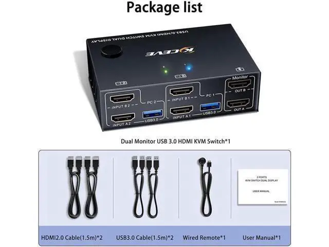 Alt view image 2 of 7 - 2 Port 4K @60Hz Dual Monitor HDMI KVM Switch with USB 3.0 Port Simulation EDID, USB HDMI Extended Display Switcher for 2 Computers Share 2 Monitors and 4 USB 3.0 Devices, with Wired Controller&Cables