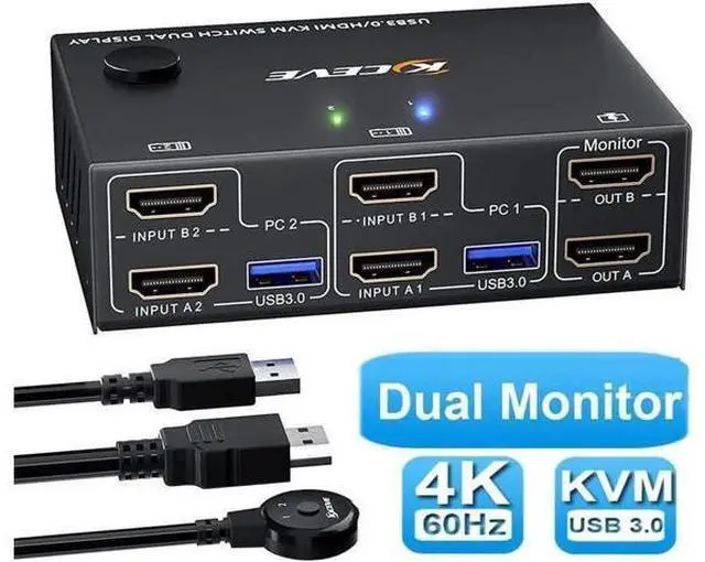 Main image of 2 Port 4K @60Hz Dual Monitor HDMI KVM Switch with USB 3.0 Port Simulation EDID, USB HDMI Extended Display Switcher for 2 Computers Share 2 Monitors and 4 USB 3.0 Devices, with Wired Controller&Cables