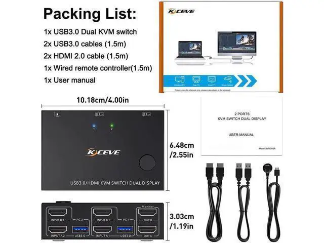 Alt view image 2 of 7 - USB 3.0 Dual Monitor KVM Switch HDMI 4K @60Hz 2K @144Hz Simulation EDID, USB HDMI Extended Display Switcher for 2 Computers Share 2 Monitors and 4 USB 3.0 Ports, Wired Remote and Cables Included