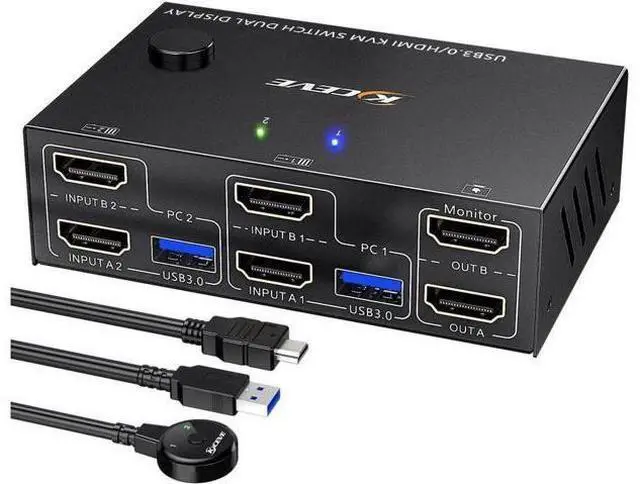 Main image of USB 3.0 Dual Monitor KVM Switch HDMI 4K @60Hz 2K @144Hz Simulation EDID, USB HDMI Extended Display Switcher for 2 Computers Share 2 Monitors and 4 USB 3.0 Ports, Wired Remote and Cables Included