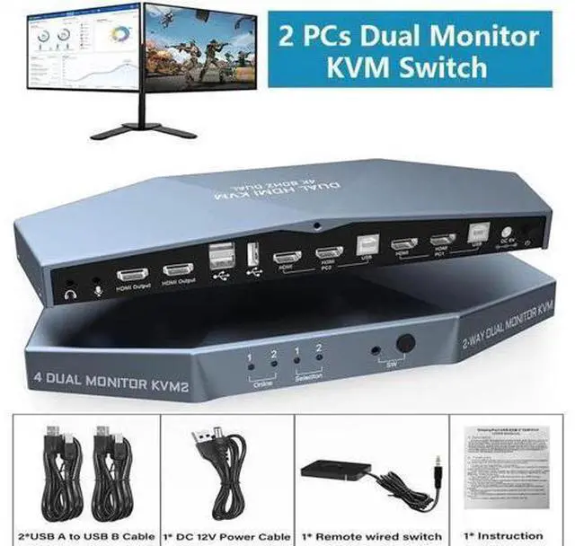 Main image of Monitor HDMI 2.0 KVM Switch 2 Port Extended Display 4K @60Hz, USB KVM Switch HDMI 2 in 2 Out with Audio Microphone Output and 3 USB 2.0 Hub, 2 HDMI Monitors 2 Computers Switch, with 2 USB Cables