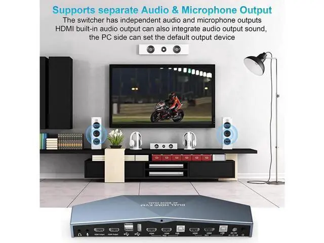 Alt view image 4 of 7 - Monitor HDMI 2.0 KVM Switch 2 Port Extended Display 4K @60Hz, USB KVM Switch HDMI 2 in 2 Out with Audio Microphone Output and 3 USB 2.0 Hub, 2 HDMI Monitors 2 Computers Switch, with 2 USB Cables