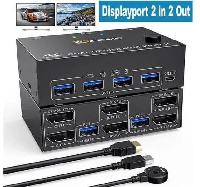 Main image of 2 Port Dual Monitor DisplayPort KVM Switch 8K @30Hz 4K @60Hz, 2 in 2 Out Displayport KVM Switch for 2 PC 2 Monitors, KVM Switches with 4 USB 3.0 Ports, with DP + USB Cable and Desktop Controller