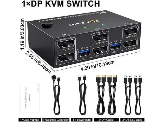 Alt view image 6 of 7 - 2 Port Dual Monitor DisplayPort KVM Switch 8K @30Hz 4K @60Hz, 2 in 2 Out Displayport KVM Switch for 2 PC 2 Monitors, KVM Switches with 4 USB 3.0 Ports, with DP + USB Cable and Desktop Controller