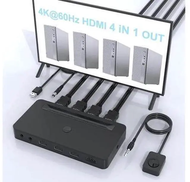 Main image of 4K HDMI KVM Switch 4 Ports for 4 Computers Share One HD 4K Monitor, 3 USB Devices Keyboard Mouse Printer, 2 3.5mm Headphone Jack, Including 4 HDMI Cable and 1 Remote Controller