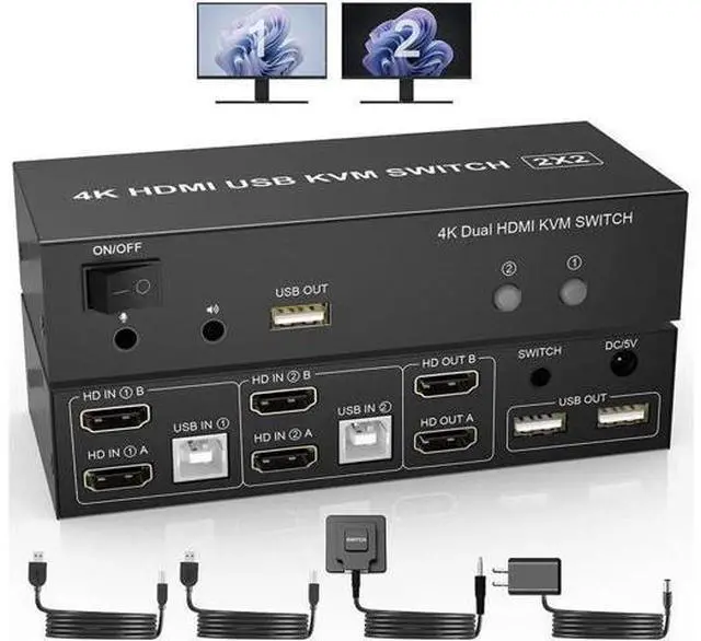 Main image of KVM Switch Dual Monitors 2 Computers, 4K@60Hz Extended Display 2 Ports HDMI KVM Switch 2 Monitors 2 Computers with 3 USB Ports and Audio Microphone Port, PC Monitor Keyboard Mouse Switcher