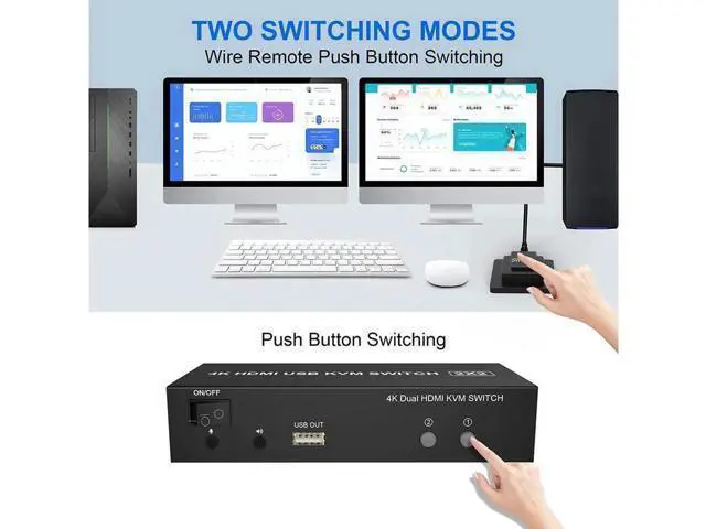 Alt view image 7 of 7 - KVM Switch Dual Monitors 2 Computers, 4K@60Hz Extended Display 2 Ports HDMI KVM Switch 2 Monitors 2 Computers with 3 USB Ports and Audio Microphone Port, PC Monitor Keyboard Mouse Switcher