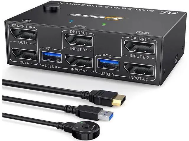 Main image of 2 Ports Dual Monitor DisplayPort KVM Switch 8K @30Hz 4K @60Hz 2 in 2 Out, DP 1.4 KVM Switch and 4 USB 3.0 for 2 Computers, Backward Compatible DP1.2 with DP+USB Cables and Wired Controller included