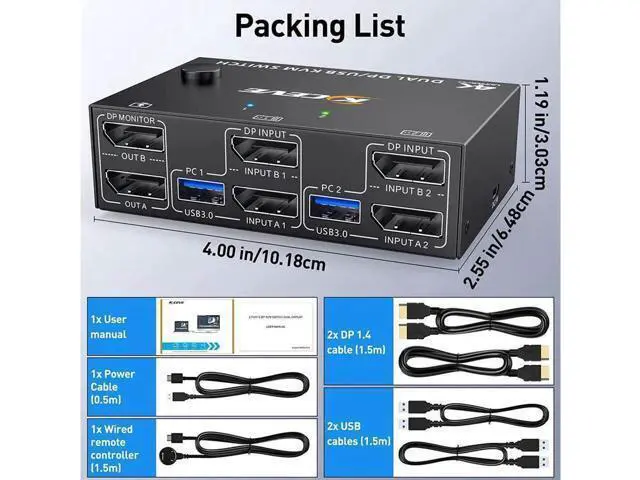 Alt view image 2 of 7 - 2 Ports Dual Monitor DisplayPort KVM Switch 8K @30Hz 4K @60Hz 2 in 2 Out, DP 1.4 KVM Switch and 4 USB 3.0 for 2 Computers, Backward Compatible DP1.2 with DP+USB Cables and Wired Controller included
