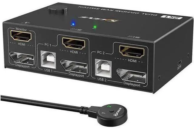 Main image of 2 Port Dual Monitor DP + HDMI KVM Switch 2 Computer 2 Monitors, DisplayPort HDMI USB KVM Switcher, Supports 4K @60Hz for 2 computers sharing keyboard, mouse and monitor, with Wired Controller Cable