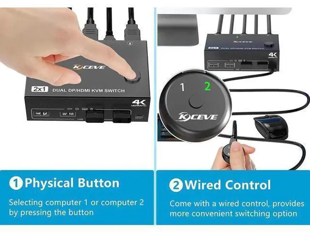 Alt view image 5 of 7 - 2 Port Dual Monitor DP + HDMI KVM Switch 2 Computer 2 Monitors, DisplayPort HDMI USB KVM Switcher, Supports 4K @60Hz for 2 computers sharing keyboard, mouse and monitor, with Wired Controller Cable