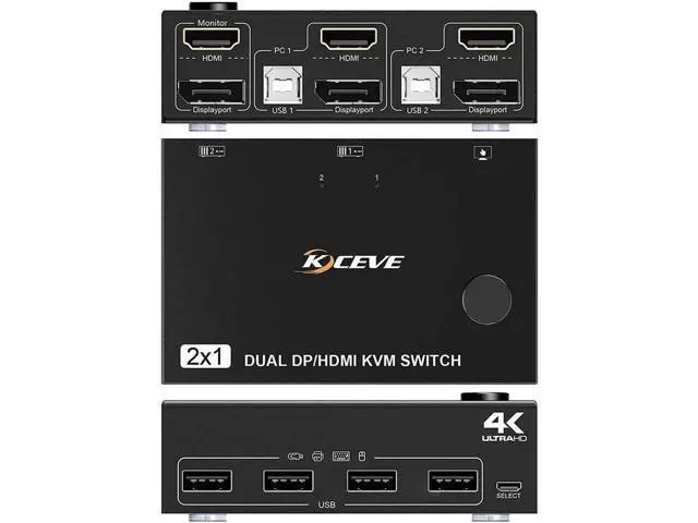 Alt view image 3 of 7 - 2 Port Dual Monitor DP + HDMI KVM Switch 2 Computer 2 Monitors, DisplayPort HDMI USB KVM Switcher, Supports 4K @60Hz for 2 computers sharing keyboard, mouse and monitor, with Wired Controller Cable
