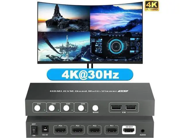 Alt view image 5 of 7 - Switch Multiviewer 4x1,4K@30Hz HDMI Multiviewer Switch, HDMI Quad Multiviewer Seamless Switch 4 in 1 Out, HDMI KVM Switch with 2 USB and Audio Ports,Support Mouse Sliding Switch Control