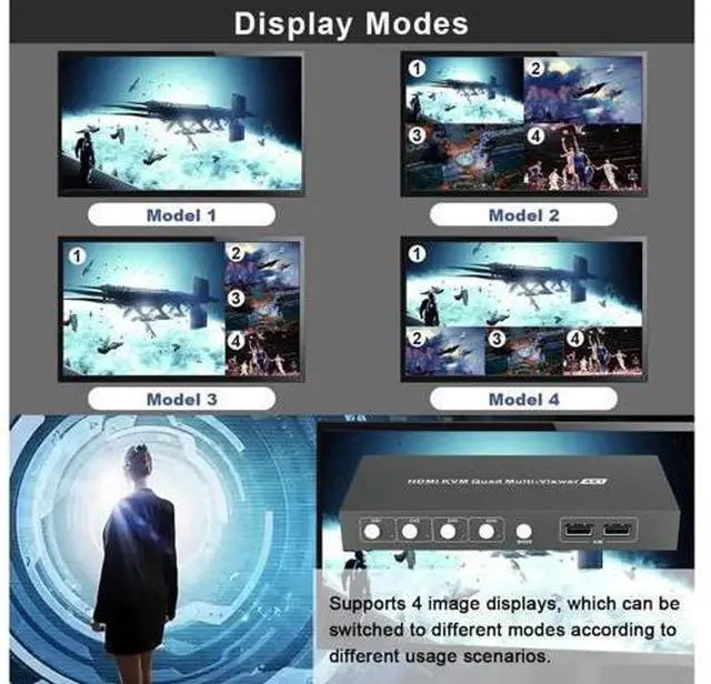 Alt view image 6 of 7 - Switch Multiviewer 4x1,4K@30Hz HDMI Multiviewer Switch, HDMI Quad Multiviewer Seamless Switch 4 in 1 Out, HDMI KVM Switch with 2 USB and Audio Ports,Support Mouse Sliding Switch Control