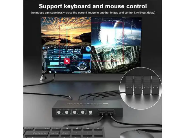 Alt view image 7 of 7 - Switch Multiviewer 4x1,4K@30Hz HDMI Multiviewer Switch, HDMI Quad Multiviewer Seamless Switch 4 in 1 Out, HDMI KVM Switch with 2 USB and Audio Ports,Support Mouse Sliding Switch Control