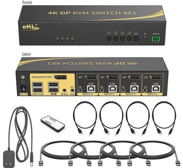 Main image of KVM Switch, Displayport 4 Port DP 1.2 4x1 Supports 4K @60Hz 4:4:4 hotkey Switching Keyboard Mouse Audio with USB 2.0 Control up to 4 PCs