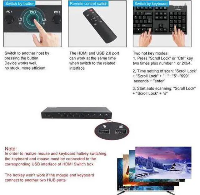 Alt view image 3 of 6 - 18G HDMI KVM Switcher 4 in 4 out USB 2.0 Output Ports Support Smart EDID Management and ARC Power Off Memory Function