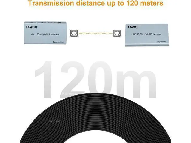 Alt view image 5 of 6 - 4K HDMI KVM Extender 120M HDMI USB Extender Over Ethernet Cat6/7 Cable with Loop-out Support USB Keyboard Mouse for PC Monitor