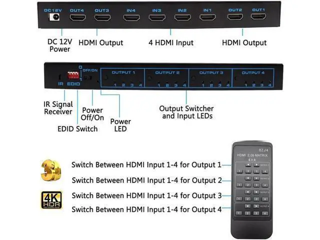 Alt view image 4 of 6 - 4K HDR 4x4 HDMI-compatible Matrix Switch HDCP 2.2 Switcher Splitter 4 In 4 Out Box with EDID Extractor and IR Remote Control