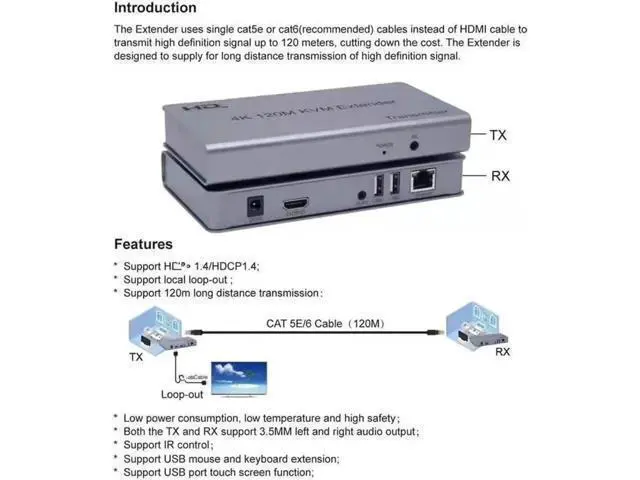 Alt view image 4 of 6 - 4K 120M HDMI KVM Extender over Cat5e/6 cable HDMI USB Ethernet Extender Transmit with Loop out IR Control Support Mouse Keyboard