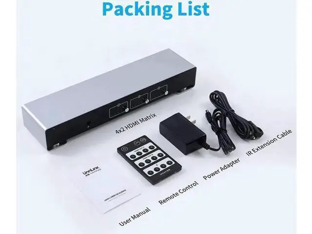 Alt view image 3 of 7 - 4x2 4K HDMI Matrix Switch, 4 in 2 Out HDMI Switcher Splitter Box with 7.1CH HDMI Audio + Optical 5.1CH + 3.5mm Stereo Audio Output Support 4K @60Hz, EDID, IR Remote, HDMI 2.0, HDCP 2.2