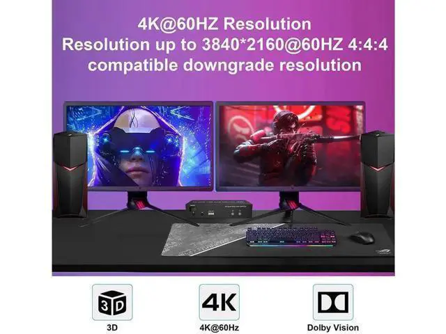 Alt view image 6 of 7 - KVM Switch Dual Monitors 2 Computers, 4K@60Hz Extended Display 2 Ports HDMI KVM Switch 2 Monitors 2 Computers with 3 USB Ports and Audio Microphone Port, PC Monitor Keyboard Mouse Switcher