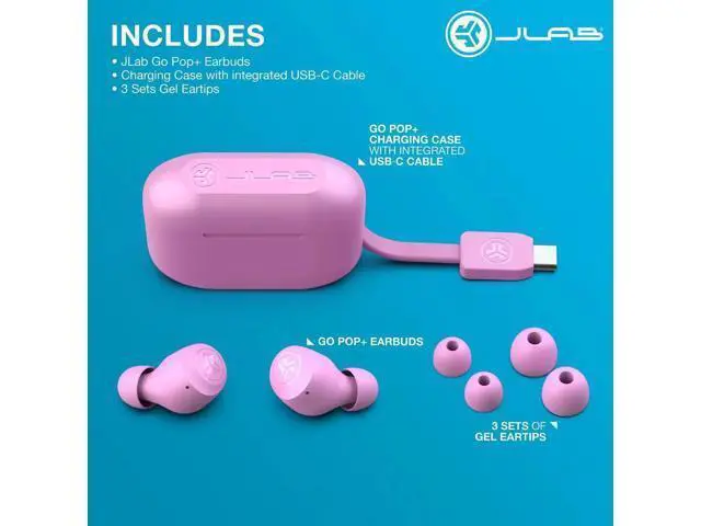 Alt view image 7 of 7 - JLab Go Pop+ True Wireless Earbuds, Pink, Bluetooth, IPX4, Be Aware Mode, Customize Sound, Controls
