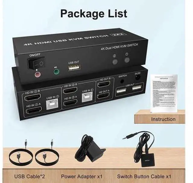 Main image of 2 Port Dual Monitor HDMI KVM Switch 2 in 2 Out, 4K @60Hz Extended Display KVM Switch 2 Monitors 2 Computers with Audio Microphone Output and 3 USB Ports, PC Monitor Keyboard Mouse Switcher