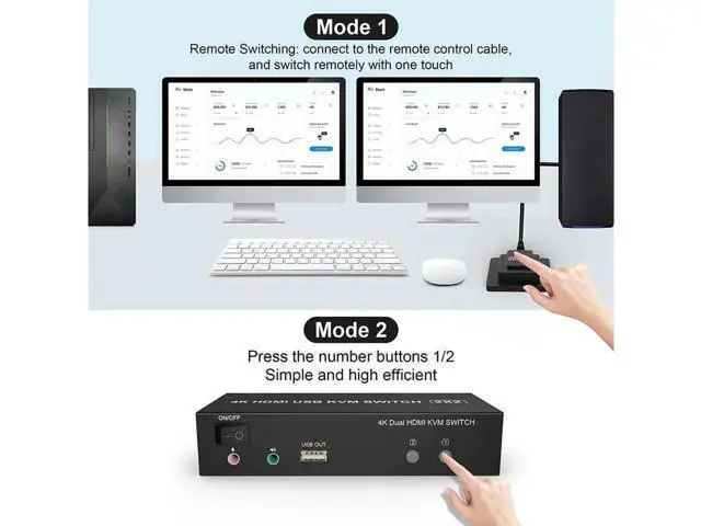 Alt view image 4 of 7 - 2 Port Dual Monitor HDMI KVM Switch 2 in 2 Out, 4K @60Hz Extended Display KVM Switch 2 Monitors 2 Computers with Audio Microphone Output and 3 USB Ports, PC Monitor Keyboard Mouse Switcher