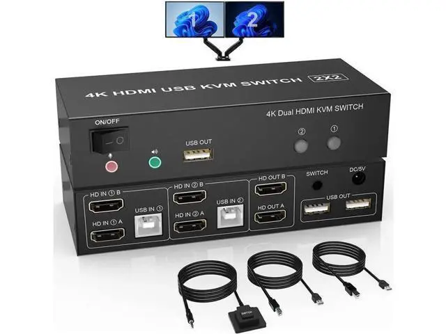 Alt view image 6 of 7 - 2 Port Dual Monitor HDMI KVM Switch 2 in 2 Out, 4K @60Hz Extended Display KVM Switch 2 Monitors 2 Computers with Audio Microphone Output and 3 USB Ports, PC Monitor Keyboard Mouse Switcher