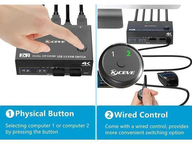 Alt view image 4 of 7 - Monitor Displayport HDMI USB 3.0 KVM Switch 2 Computer 2 Monitors, DP HDMI KVM Switcher Supports 4K @60Hz for 2 Computers Share Keyboard, 4 USB 3.0 Ports, Wired Remote and 4 Cables Included