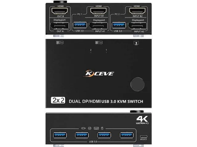 Alt view image 7 of 7 - Monitor Displayport HDMI USB 3.0 KVM Switch 2 Computer 2 Monitors, DP HDMI KVM Switcher Supports 4K @60Hz for 2 Computers Share Keyboard, 4 USB 3.0 Ports, Wired Remote and 4 Cables Included