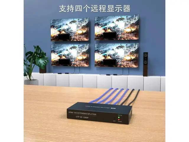 Alt view image 4 of 6 - 1x4 HDMI Extender Splitter 1080p Over Cat5e/Cat6 Ethernet Cable with Loopout - Up to 50m/165ft - EDID Management 1920*1080@60Hz
