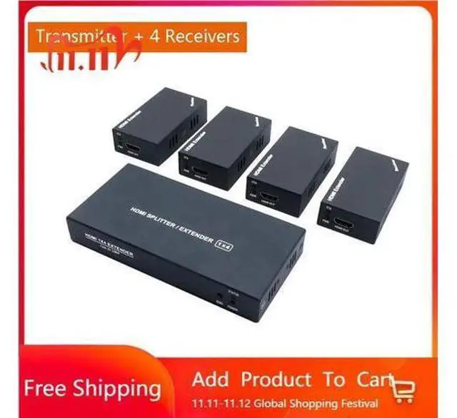 Main image of 1x4 HDMI Extender Splitter 1080p Over Cat5e/Cat6 Ethernet Cable with Loopout - Up to 50m/165ft - EDID Management 1920*1080@60Hz