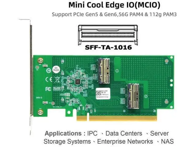 Alt view image 2 of 7 - Aomoproing 2 Port PCI-E X16 to PCI-E 5.0 MCIO 8i 74Pin SFF-TA-1016 Adapter Mini Cool Edge IO Female PCI Expansion Card Adapter