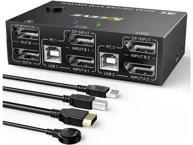 Main image of 2 Port DP KVM Switch Dual Monitor DisplayPort 1.4 8K @30Hz 4K @144Hz 2 in 2 Out, DP1.4 KVM Switch and 4 USB HUBs for 2 Computers, Backward Compatible DP1.2 with DP+USB Cables and Wired Controller