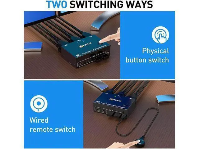 Alt view image 6 of 7 - 2 Port DP KVM Switch Dual Monitor DisplayPort 1.4 8K @30Hz 4K @144Hz 2 in 2 Out, DP1.4 KVM Switch and 4 USB HUBs for 2 Computers, Backward Compatible DP1.2 with DP+USB Cables and Wired Controller