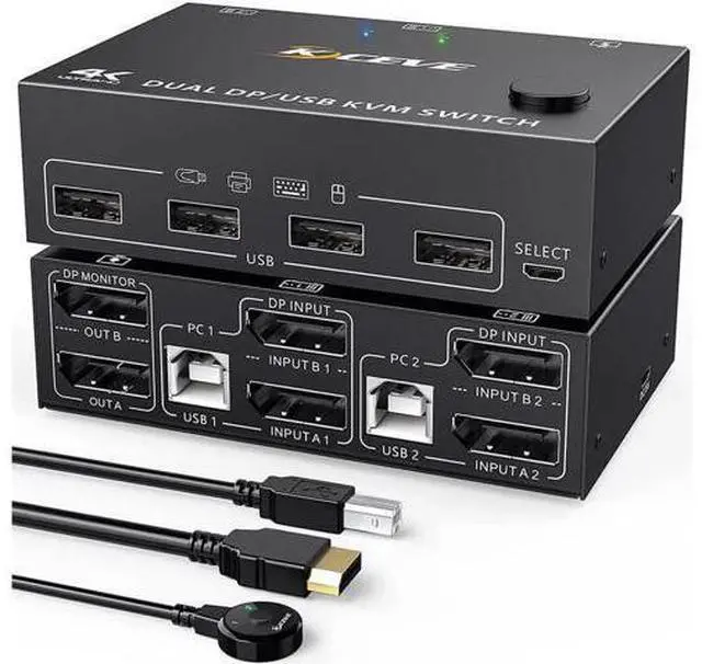 Main image of 2 Port DP KVM Switch Dual Monitor, 8K@30Hz 4K@144Hz DisplayPort KVM Switch 2 in 2 Out, with 4 USB Port for 2 Computers 2 Monitors, Backward Compatible DP1.2 with DP+USB Cables and Wired Controller