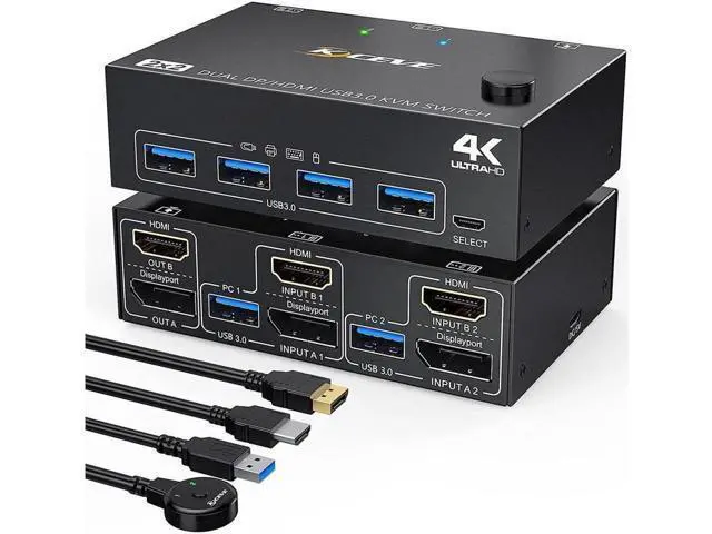 Alt view image 2 of 7 - + HDMI Dual Monitor KVM Switch 4K @60Hz, 2K @120Hz USB 3.0 HDMI DP Extended Display Switcher for 2 Computers Share 2 Monitors and 4 USB 3.0 Ports,Wired Remote and 4 Cables Included
