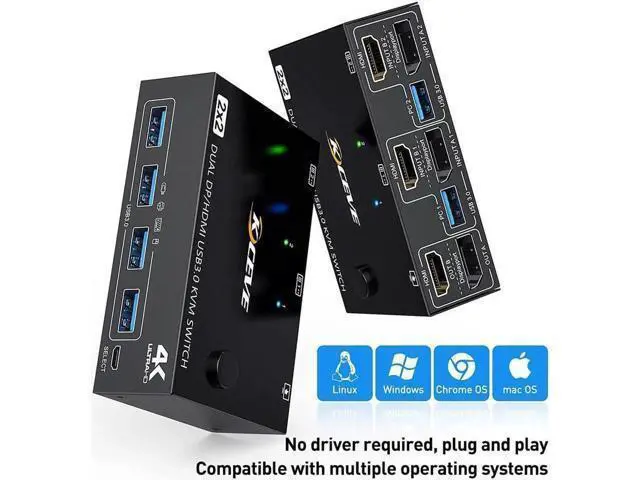 Alt view image 3 of 7 - + HDMI Dual Monitor KVM Switch 4K @60Hz, 2K @120Hz USB 3.0 HDMI DP Extended Display Switcher for 2 Computers Share 2 Monitors and 4 USB 3.0 Ports,Wired Remote and 4 Cables Included