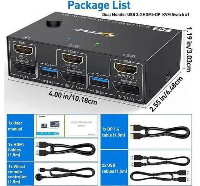 Main image of + HDMI Dual Monitor KVM Switch 4K @60Hz, 2K @120Hz USB 3.0 HDMI DP Extended Display Switcher for 2 Computers Share 2 Monitors and 4 USB 3.0 Ports,Wired Remote and 4 Cables Included