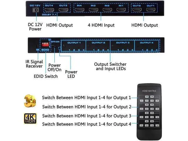 Alt view image 5 of 7 - Matrix 4X4, 4K UHD HDMI 4 In 4 Out Matrix HDMI 2.0 Matrix Switcher 4x4 Ports 4K @60Hz Support 4K Dolby Vision HDR HDCP 2.2 Support Remote Control