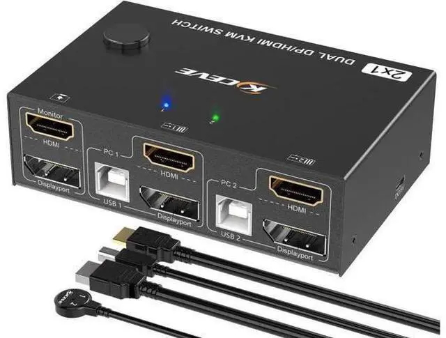 Main image of Monitor KVM Switch HDMI and DP 2 Port 4K @60Hz, Extended Display Switcher for 2 Computers Share 2 Monitors (1 Displayport and 1 HDMI) with 4 USB 2.0 Hub, Desktop Controller and USB HDMI DP Cables