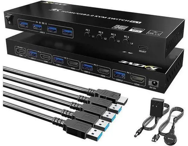 Main image of USB 3.0 HDMI KVM Switch 4 Port Support 4K @60Hz RGB 4:4:4, USB Hub HDR EDID HDMI USB Switch 4 in 1 Out and 4 USB 3.0 Port for Keyboard Mouse Printer, with Controller, USB 3.0 Cables and HDMI-Cable